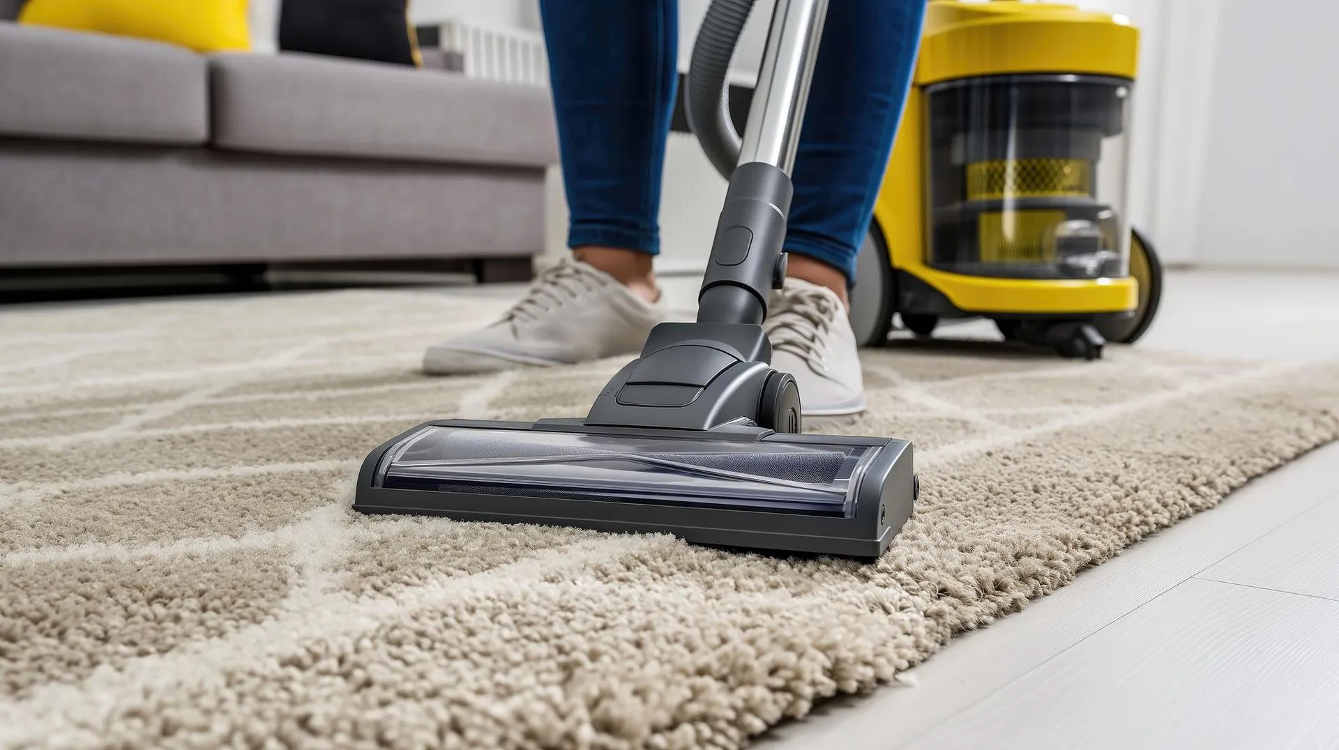 A person is using a vacuum cleaner to clean a rug in a living room.